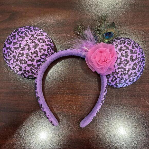 Disney Accessories - Disney Parks Purple Leopard Print With Peacock Feather And Rose Ears Head Band